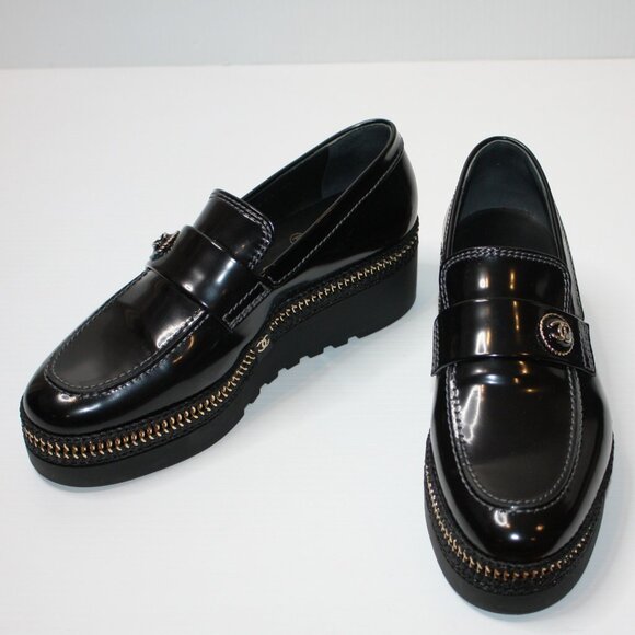 Chanel 40 mm Zip PM Wedge Loafer Black Shoes with Gold CC in size EU 40 / US 10 - Picture 2 of 7